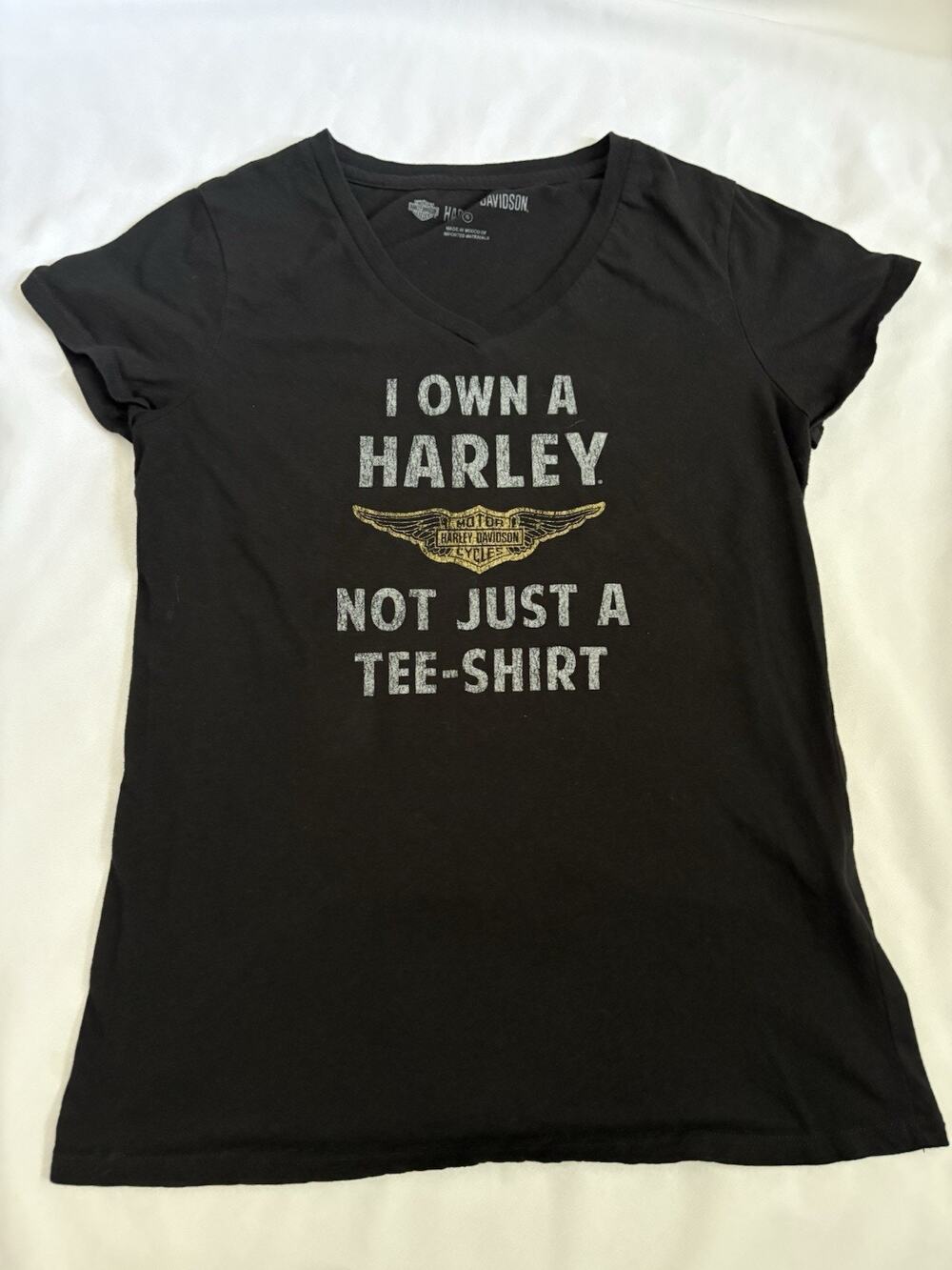 Harley Davidson Black V-Neck I Own a Harley 100% Cotton Size Small T-Shirt
